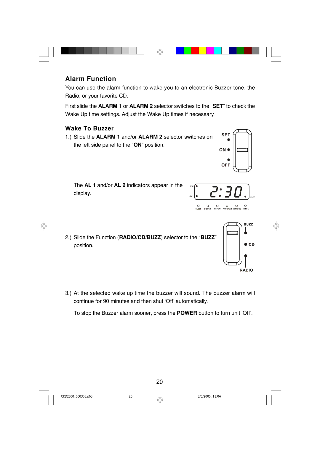 Emerson CKD2300 owner manual Alarm Function, Wake To Buzzer 