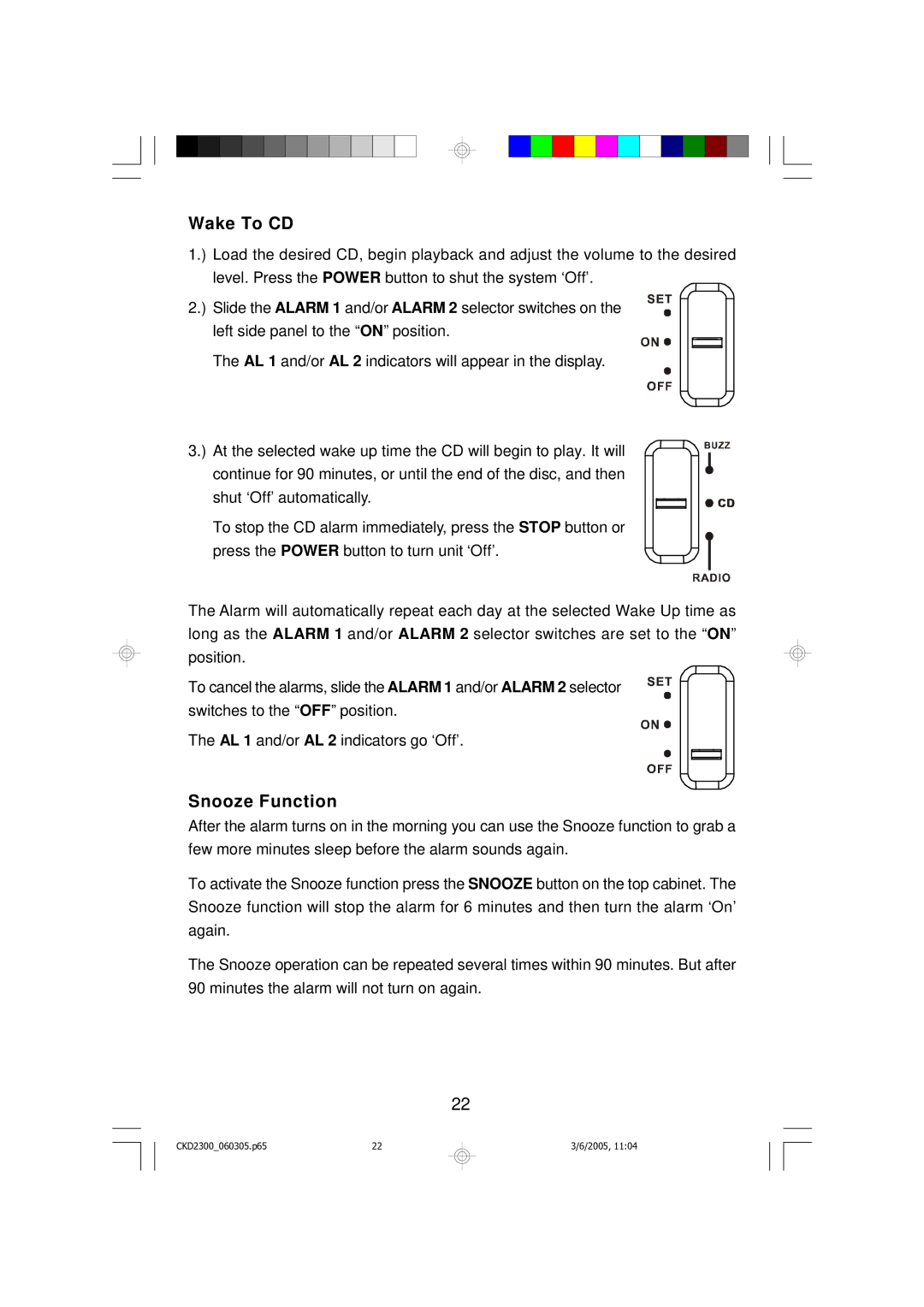 Emerson CKD2300 owner manual Wake To CD, Snooze Function 