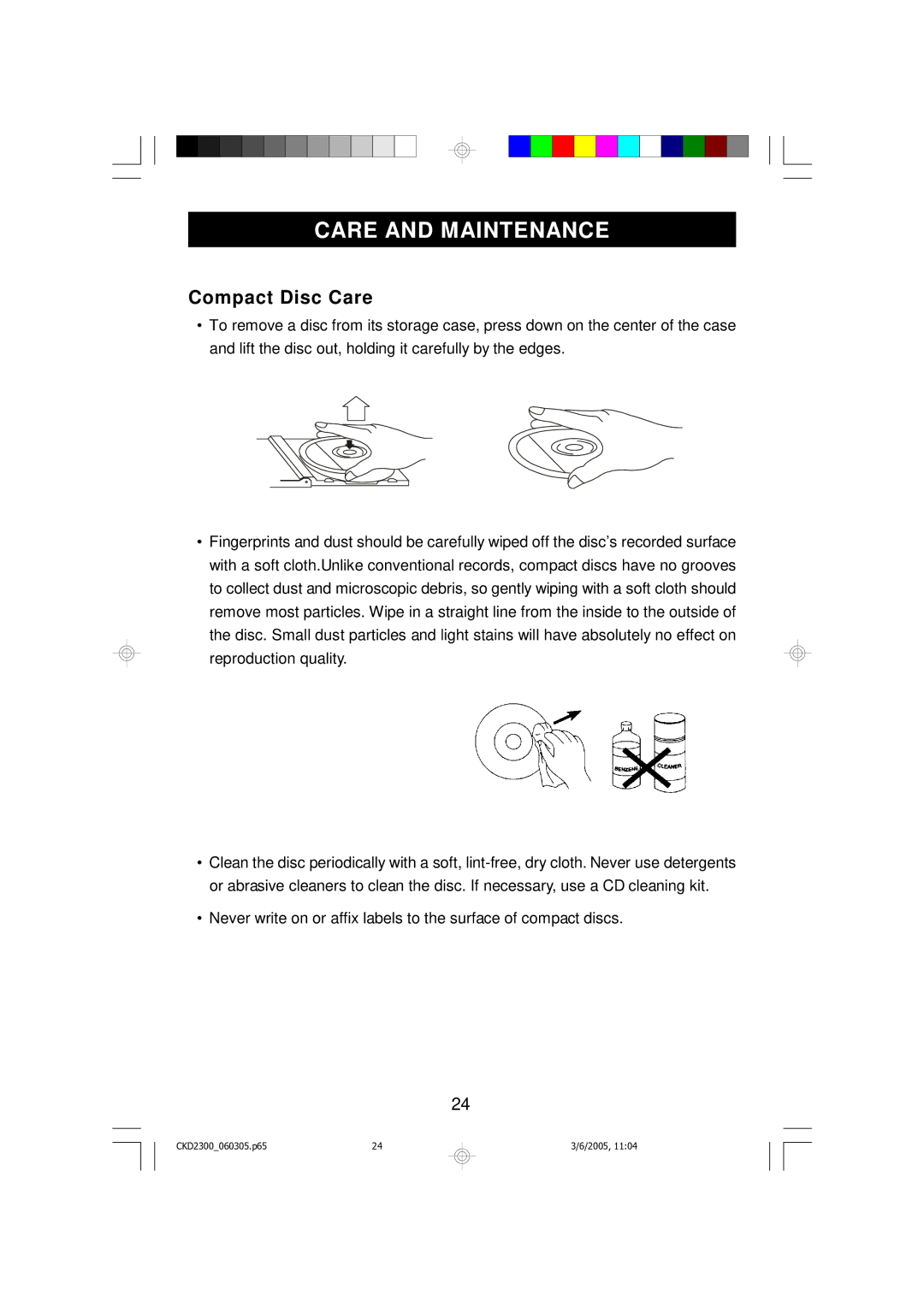 Emerson CKD2300 owner manual Care and Maintenance, Compact Disc Care 