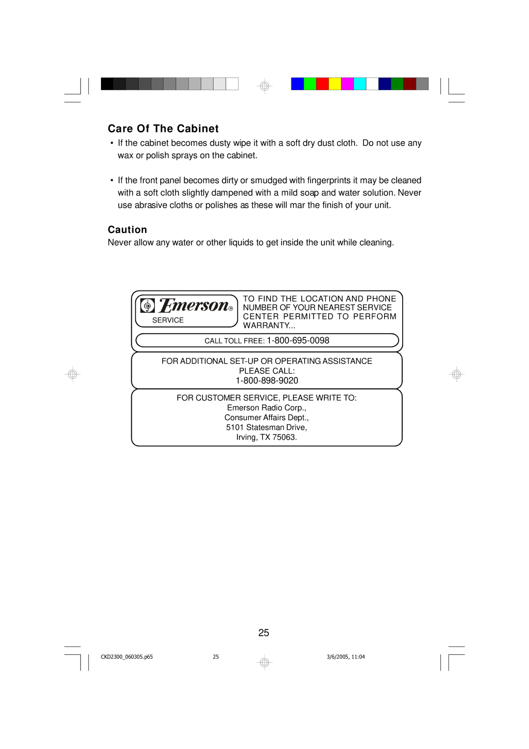 Emerson CKD2300 owner manual Care Of The Cabinet 