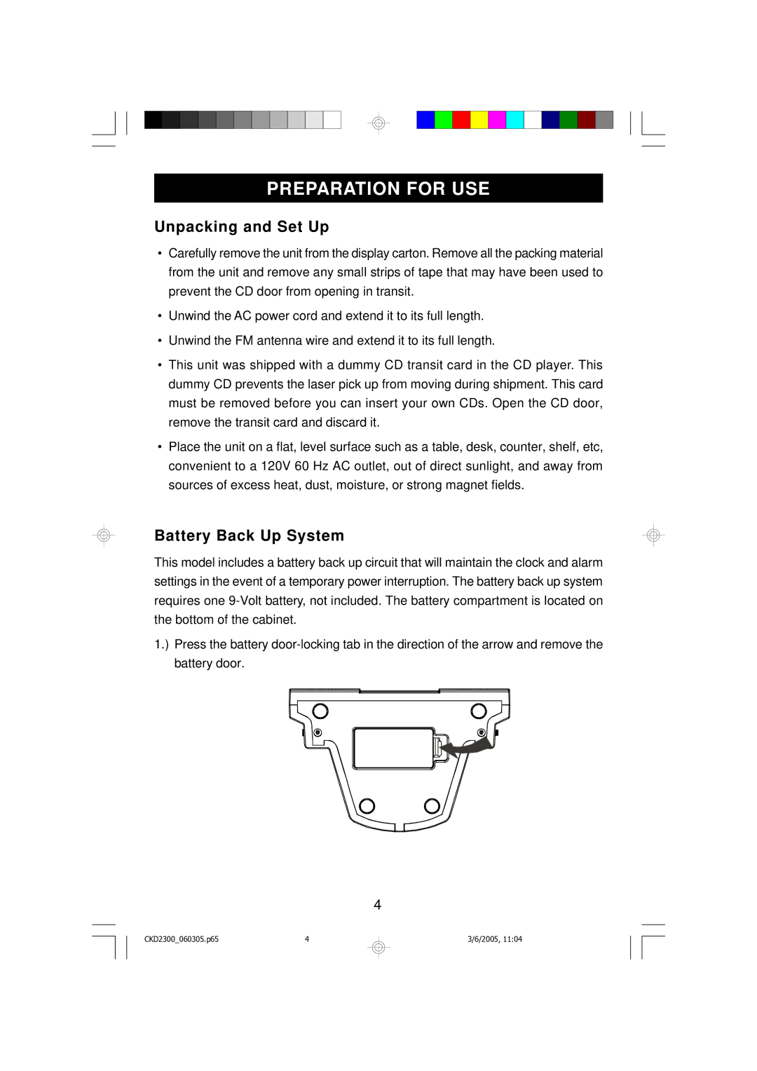 Emerson CKD2300 owner manual Preparation for USE, Unpacking and Set Up, Battery Back Up System 