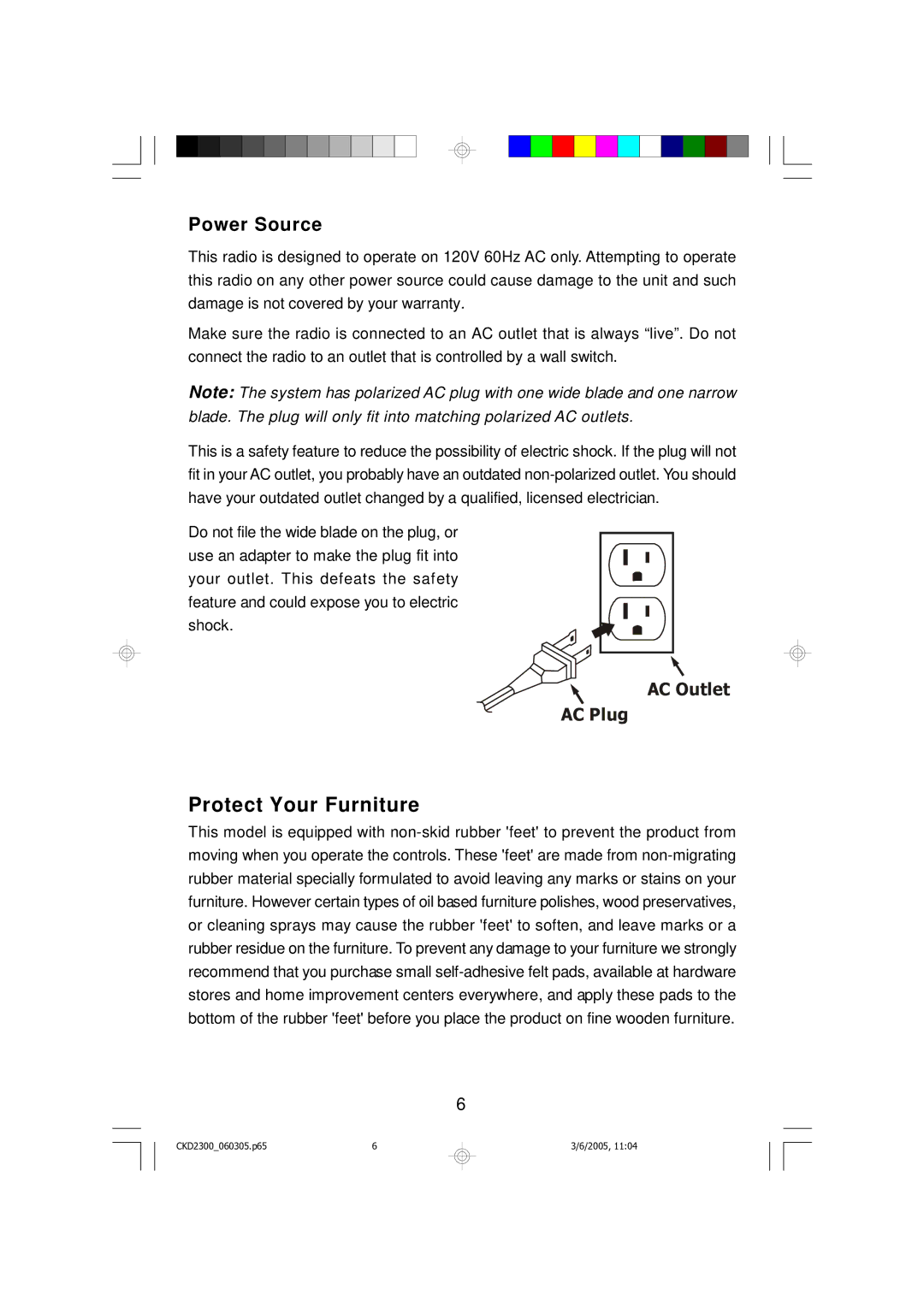 Emerson CKD2300 owner manual Protect Your Furniture, Power Source 