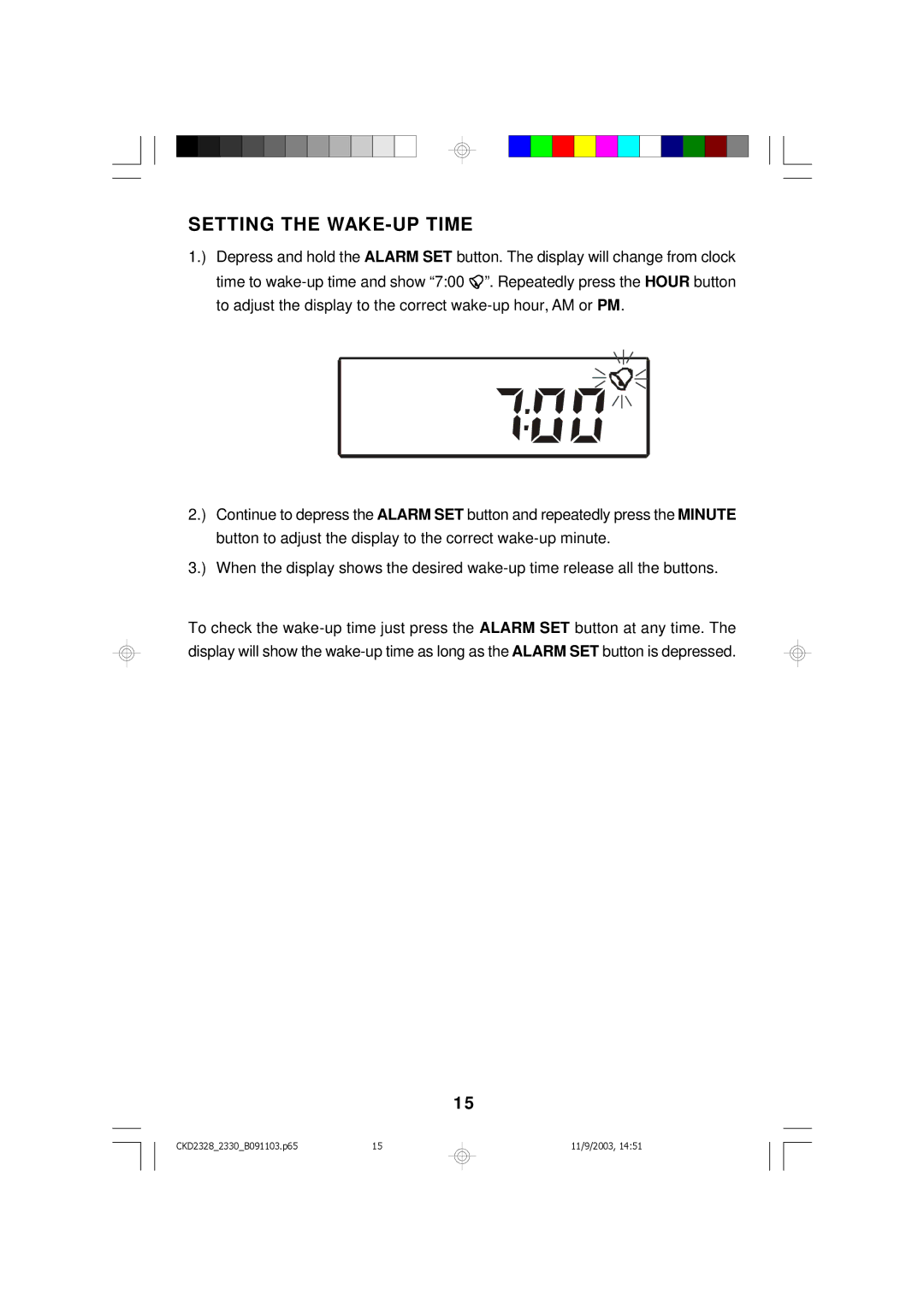 Emerson CKD2330, CKD2328 owner manual Setting the WAKE-UP Time 