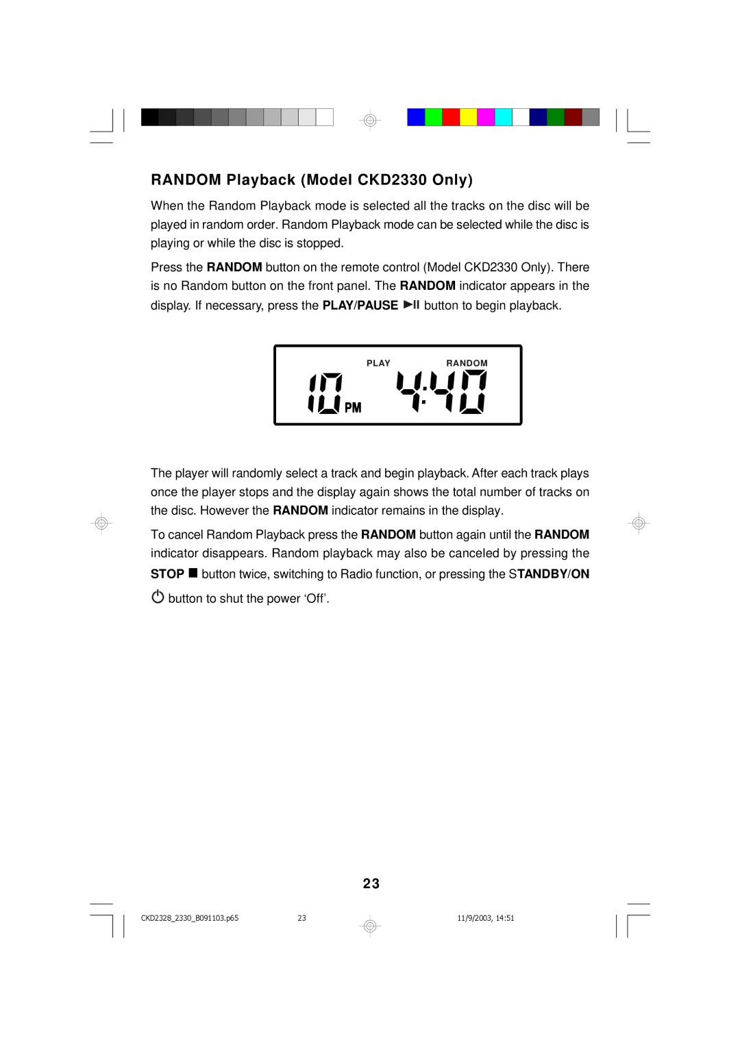 Emerson CKD2328 owner manual Random Playback Model CKD2330 Only 