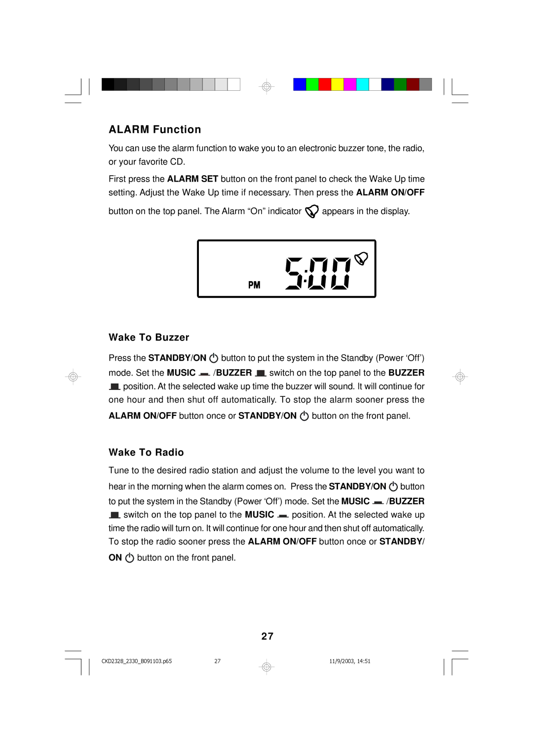 Emerson CKD2330, CKD2328 owner manual Alarm Function, Wake To Buzzer, Wake To Radio 