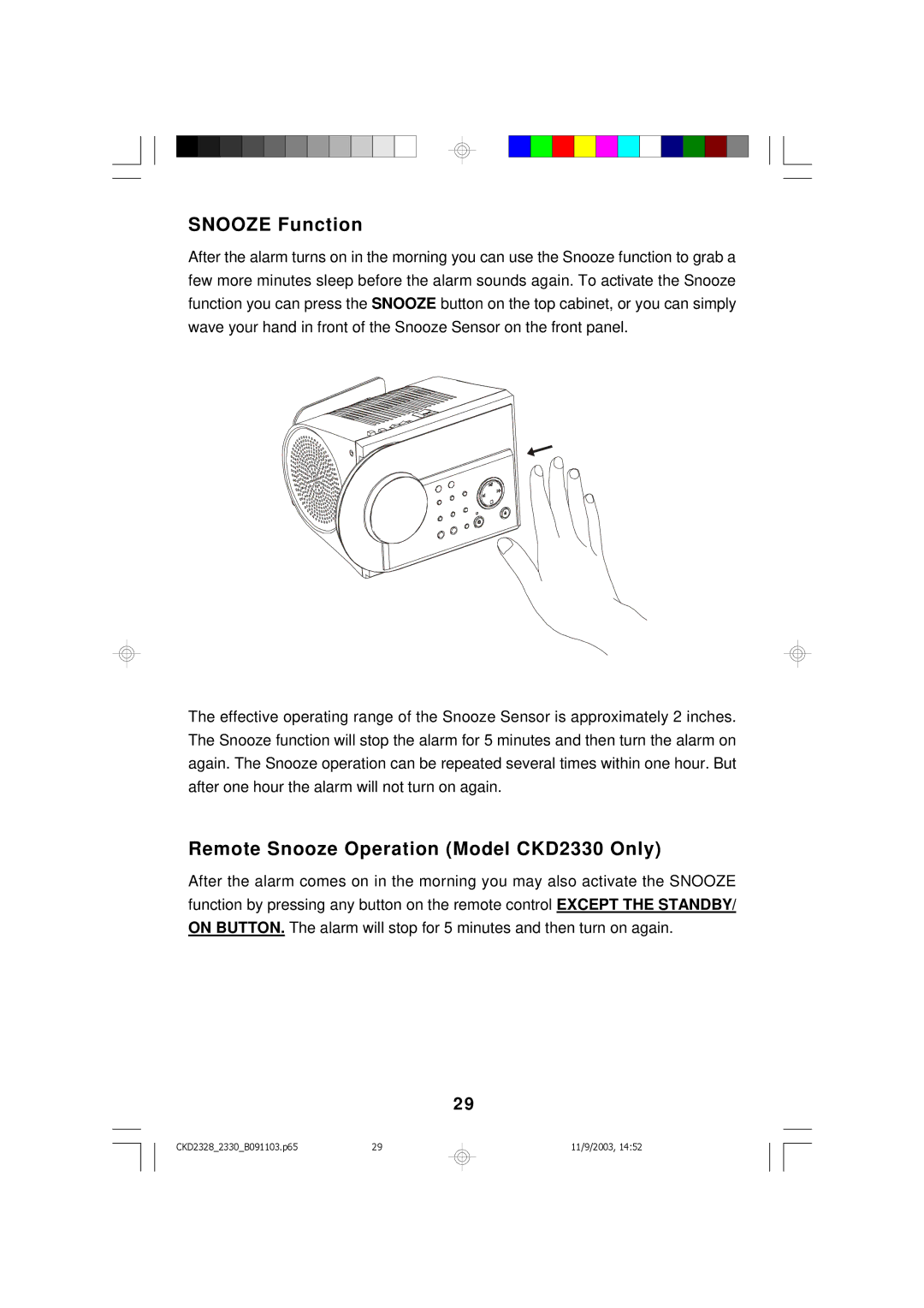 Emerson CKD2328 owner manual Snooze Function, Remote Snooze Operation Model CKD2330 Only 