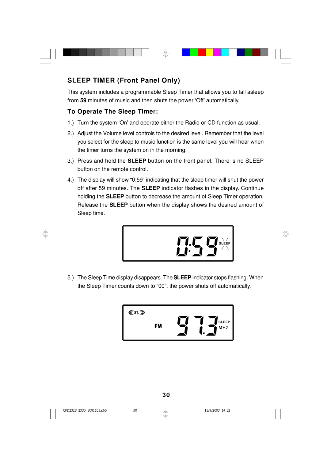 Emerson CKD2328, CKD2330 owner manual Sleep Timer Front Panel Only, To Operate The Sleep Timer 