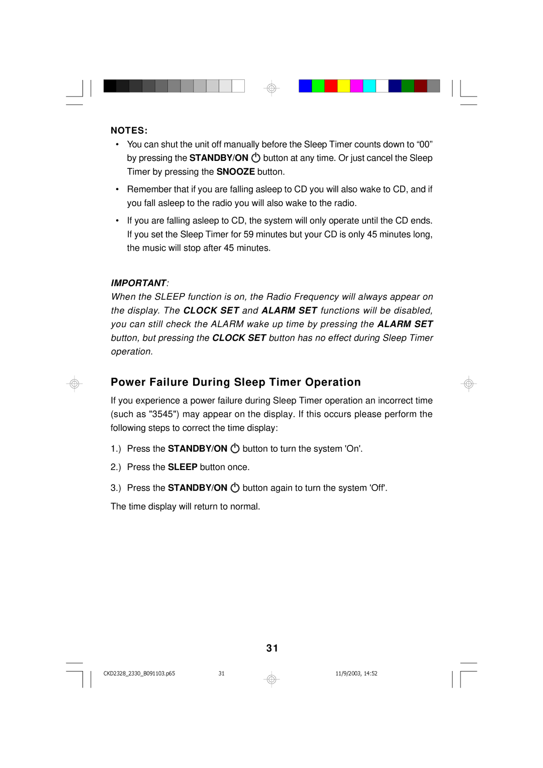 Emerson CKD2330, CKD2328 owner manual Power Failure During Sleep Timer Operation 