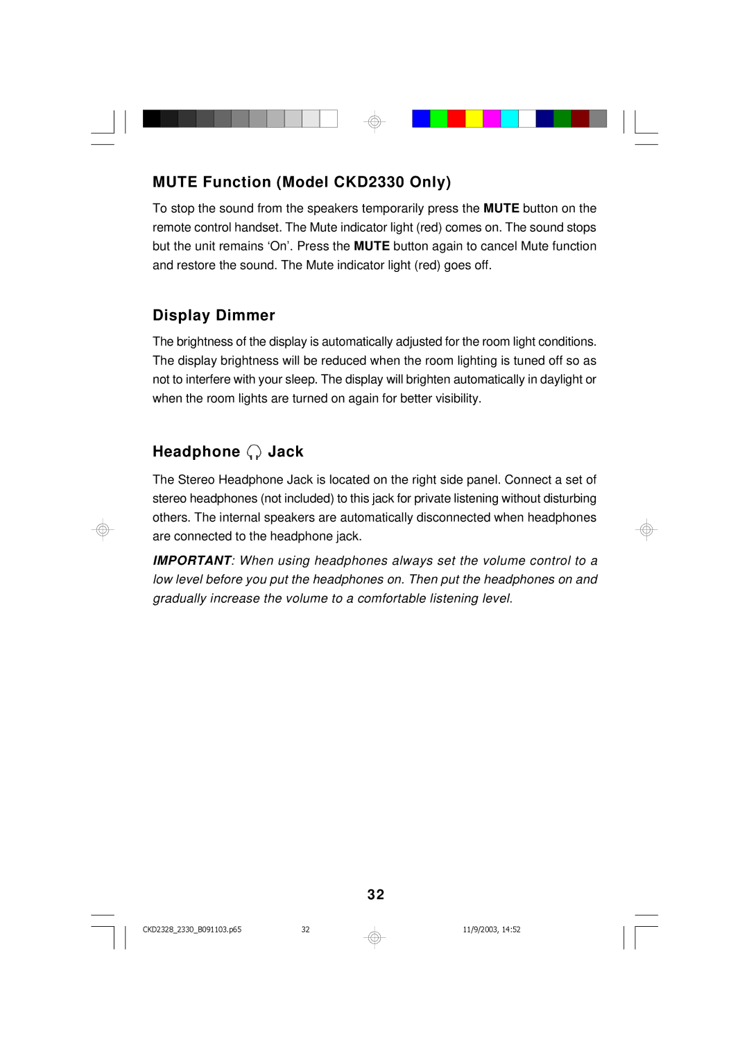 Emerson CKD2328 owner manual Mute Function Model CKD2330 Only, Display Dimmer, Headphone Jack 