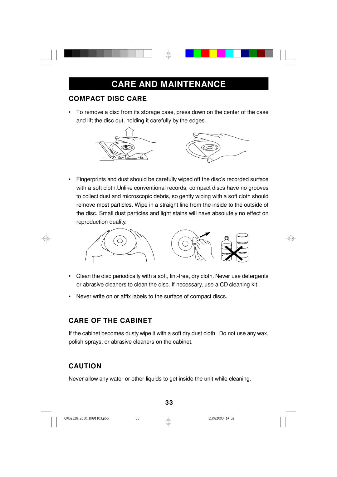 Emerson CKD2330, CKD2328 owner manual Compact Disc Care, Care of the Cabinet 