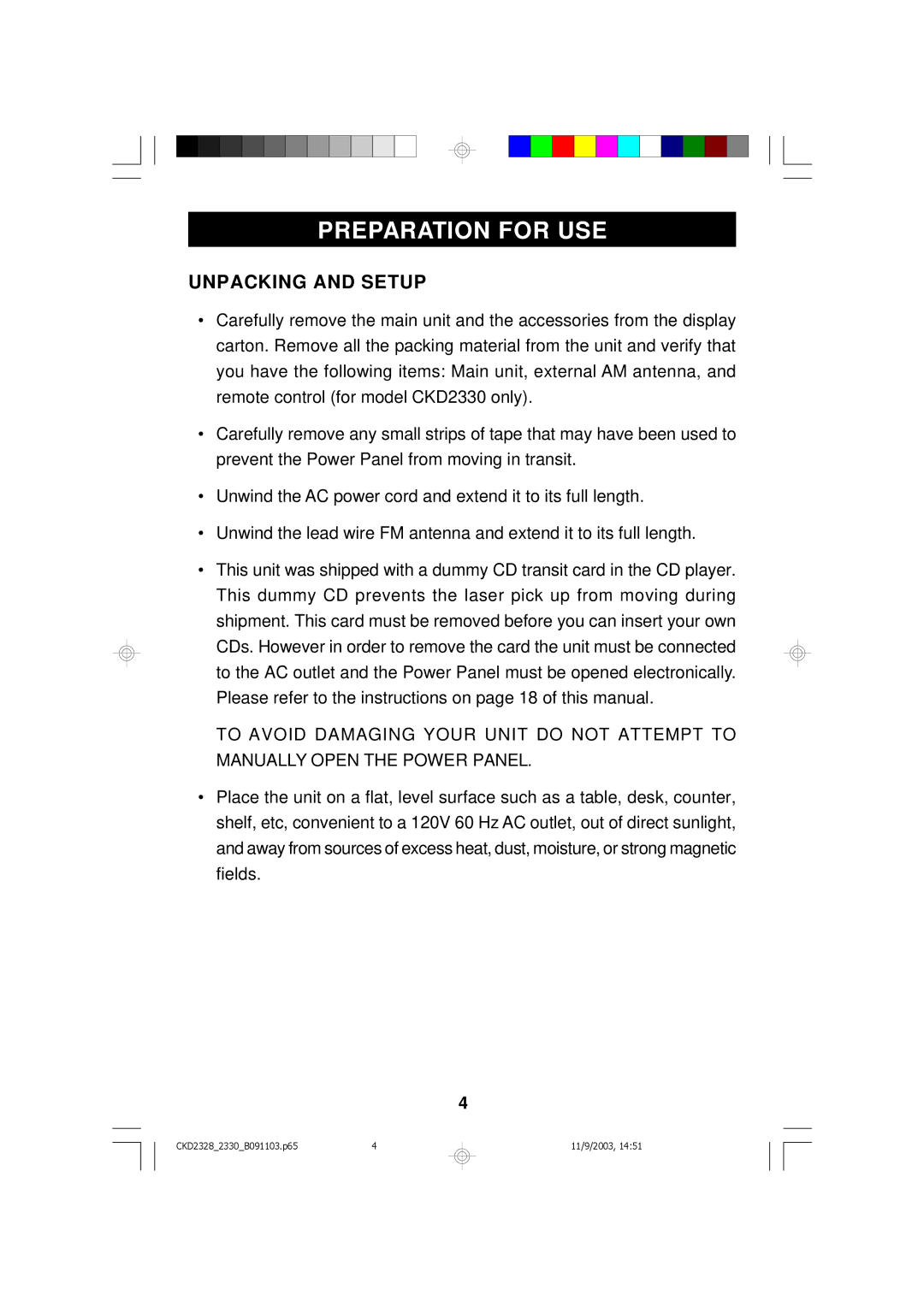 Emerson CKD2328, CKD2330 owner manual Preparation for USE, Unpacking and Setup 