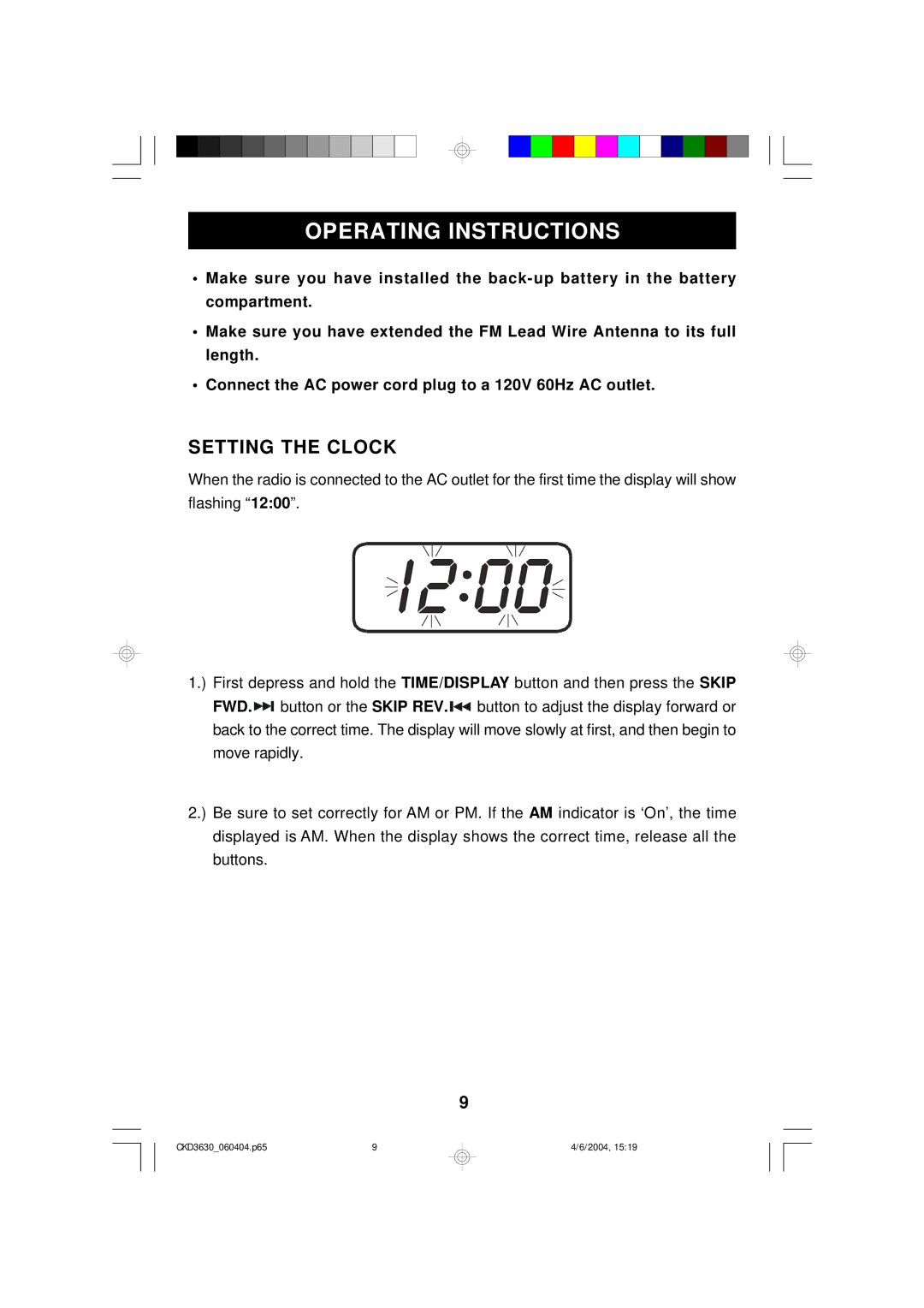 Emerson CKD3630 owner manual Operating Instructions, Setting the Clock 