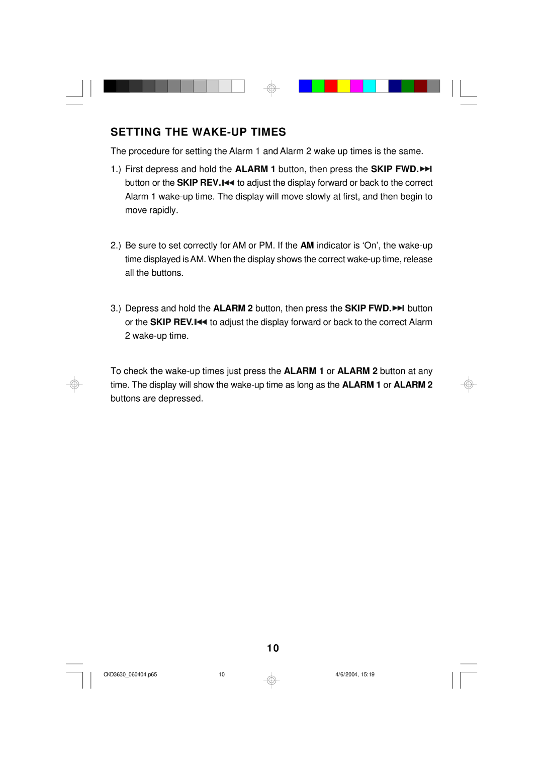 Emerson CKD3630 owner manual Setting the WAKE-UP Times 