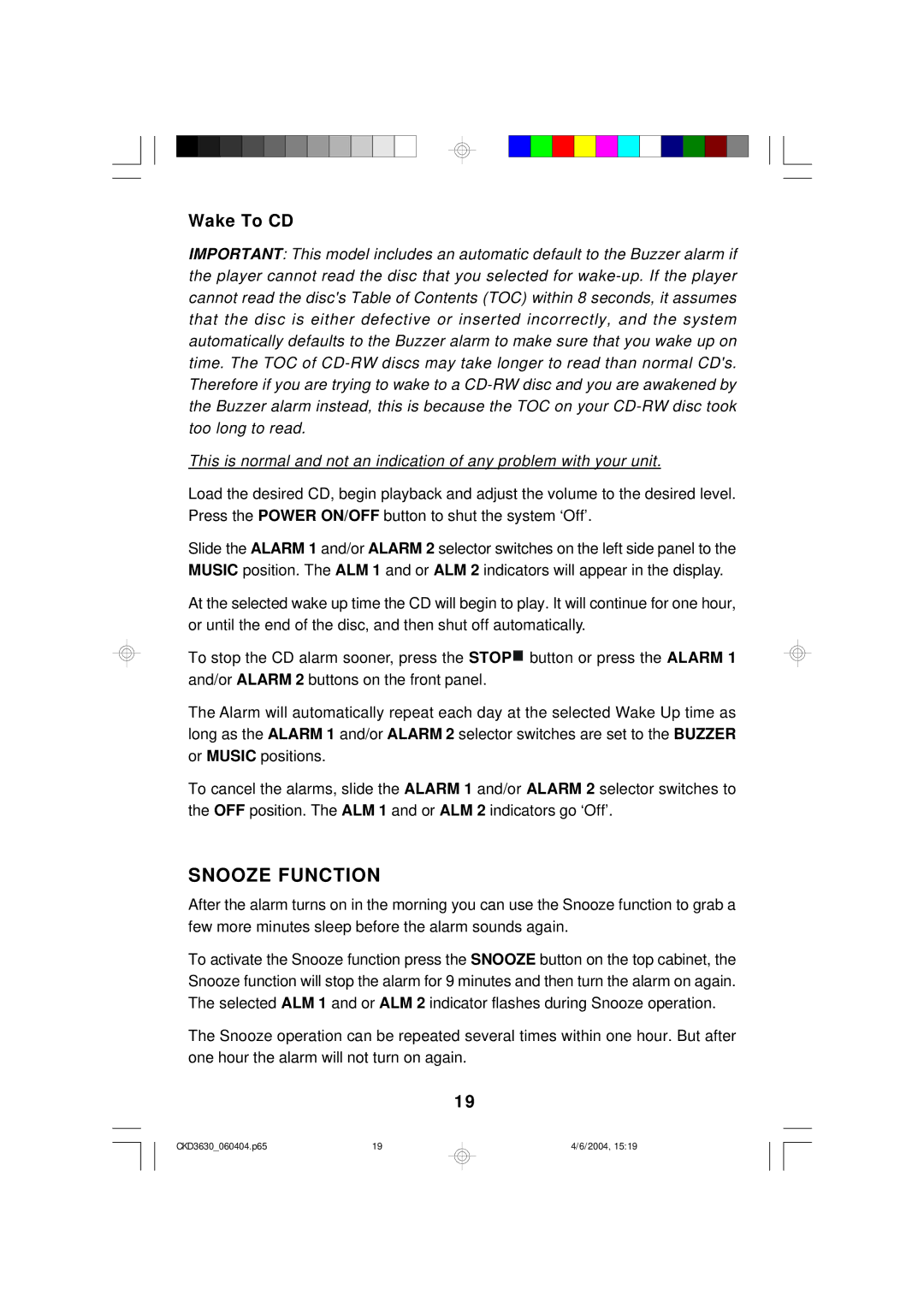 Emerson CKD3630 owner manual Snooze Function, Wake To CD 