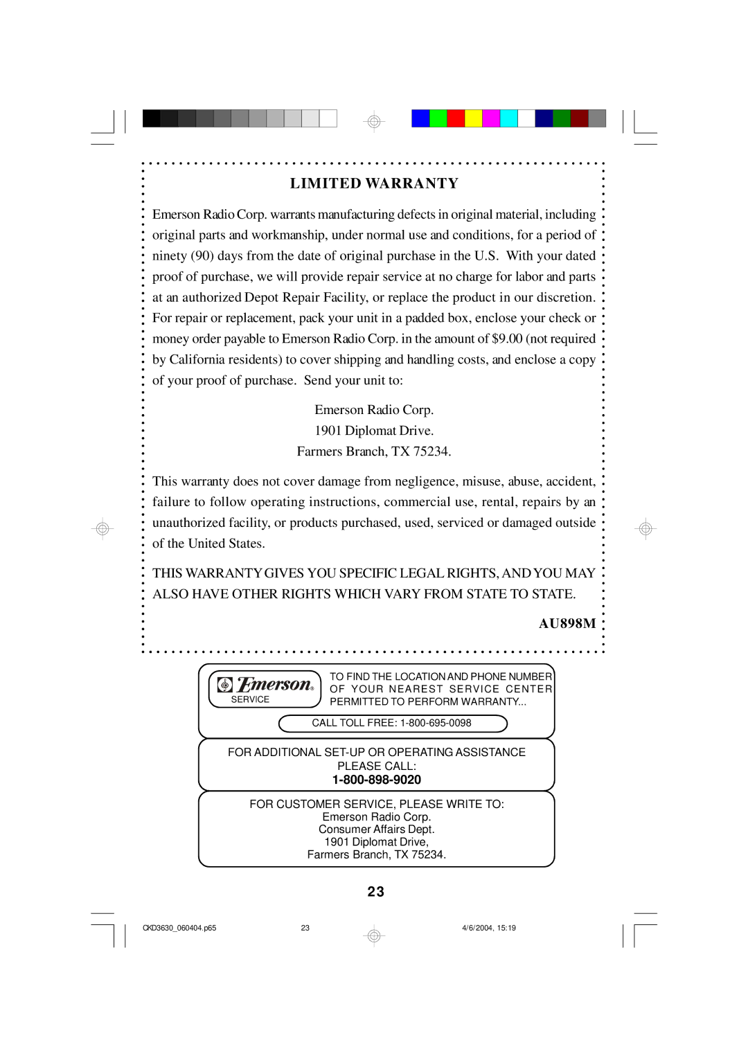 Emerson CKD3630 owner manual Limited Warranty 