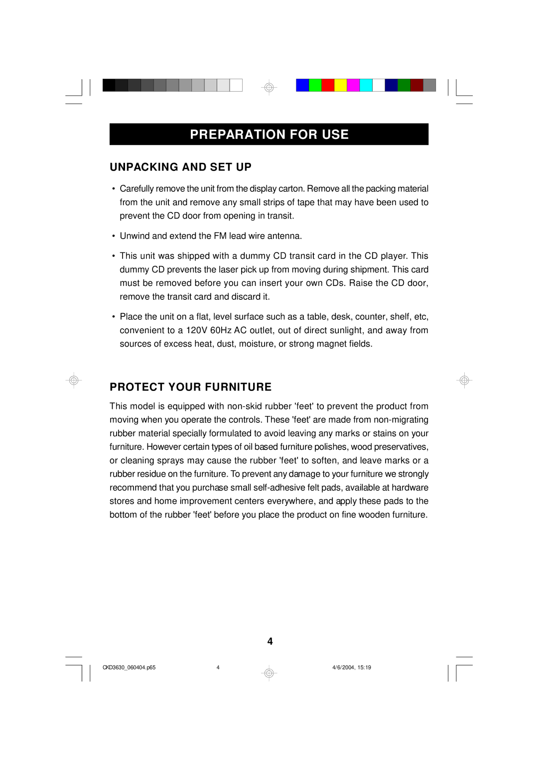 Emerson CKD3630 owner manual Unpacking and SET UP, Protect Your Furniture 