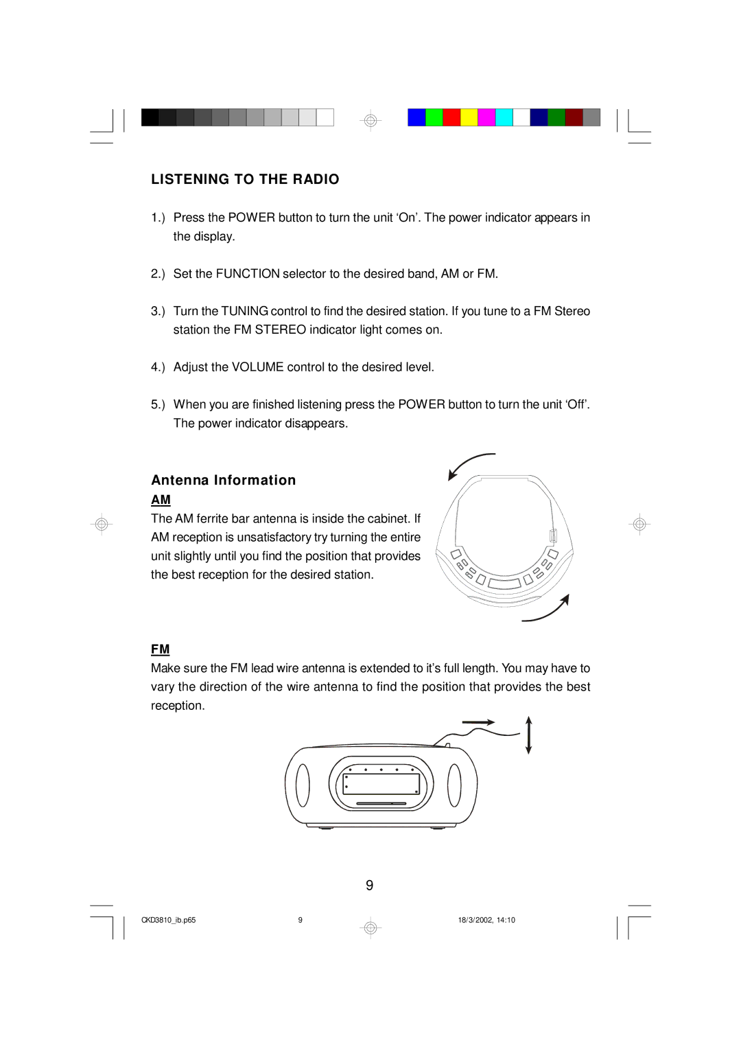 Emerson CKD3810 owner manual Listening to the Radio, Antenna Information 