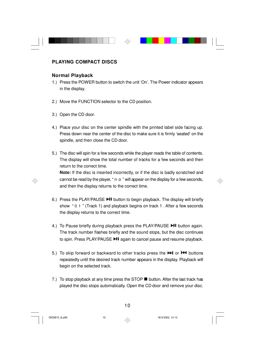 Emerson CKD3810 owner manual Playing Compact Discs, Normal Playback 