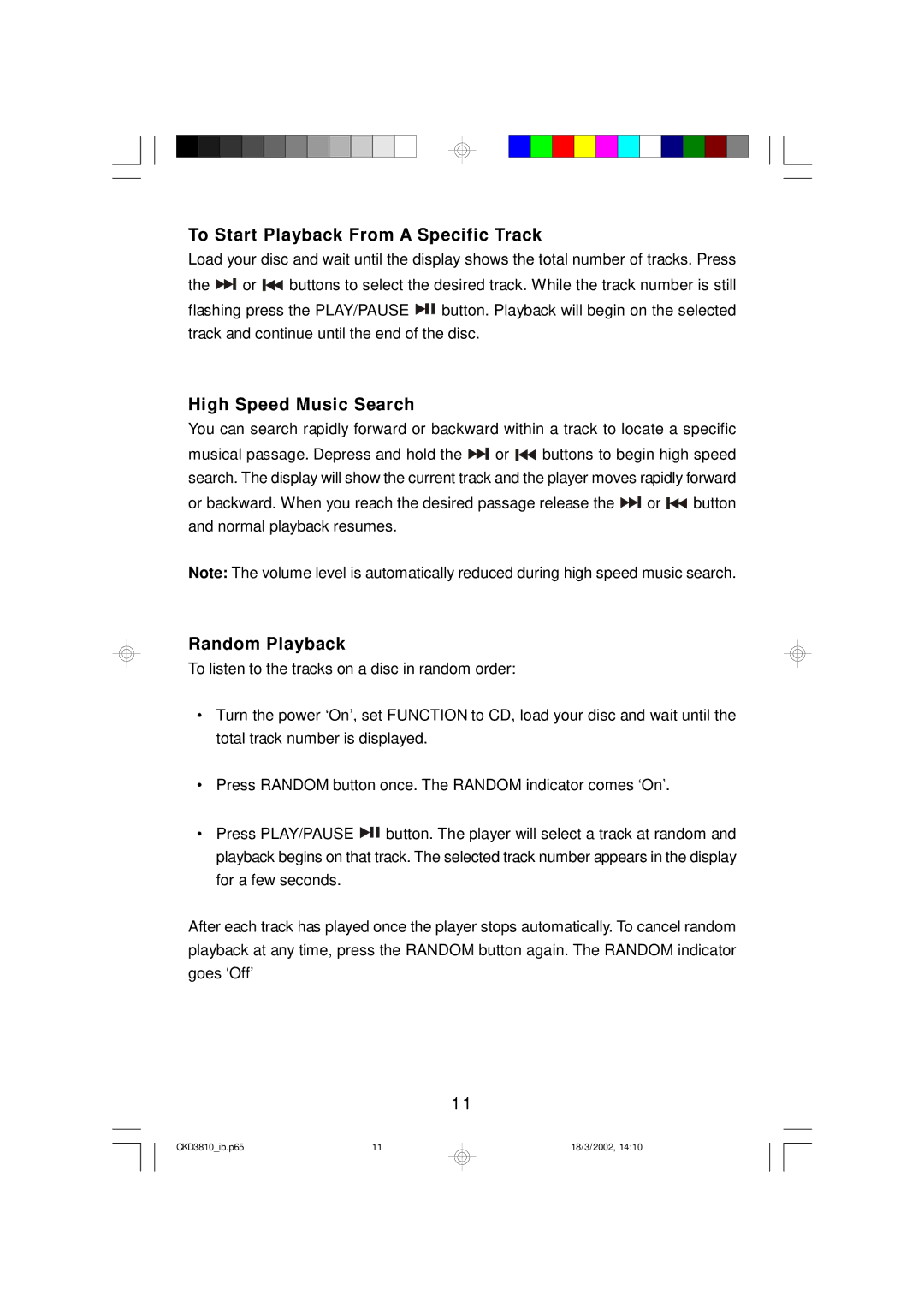 Emerson CKD3810 owner manual To Start Playback From a Specific Track, High Speed Music Search, Random Playback 