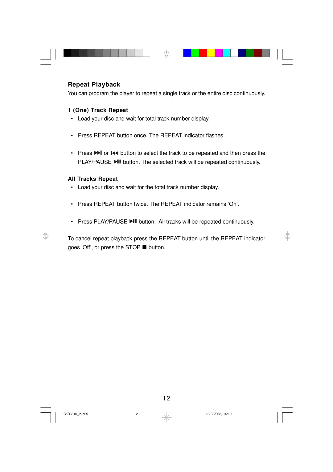 Emerson CKD3810 owner manual Repeat Playback, One Track Repeat 