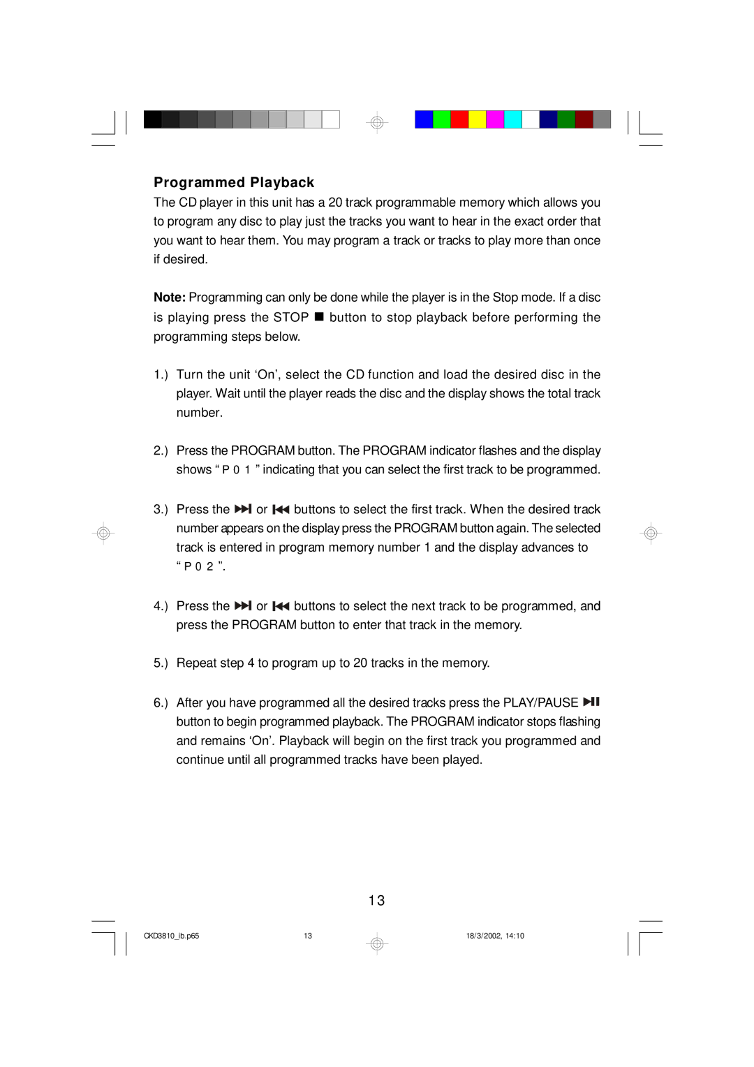 Emerson CKD3810 owner manual Programmed Playback 