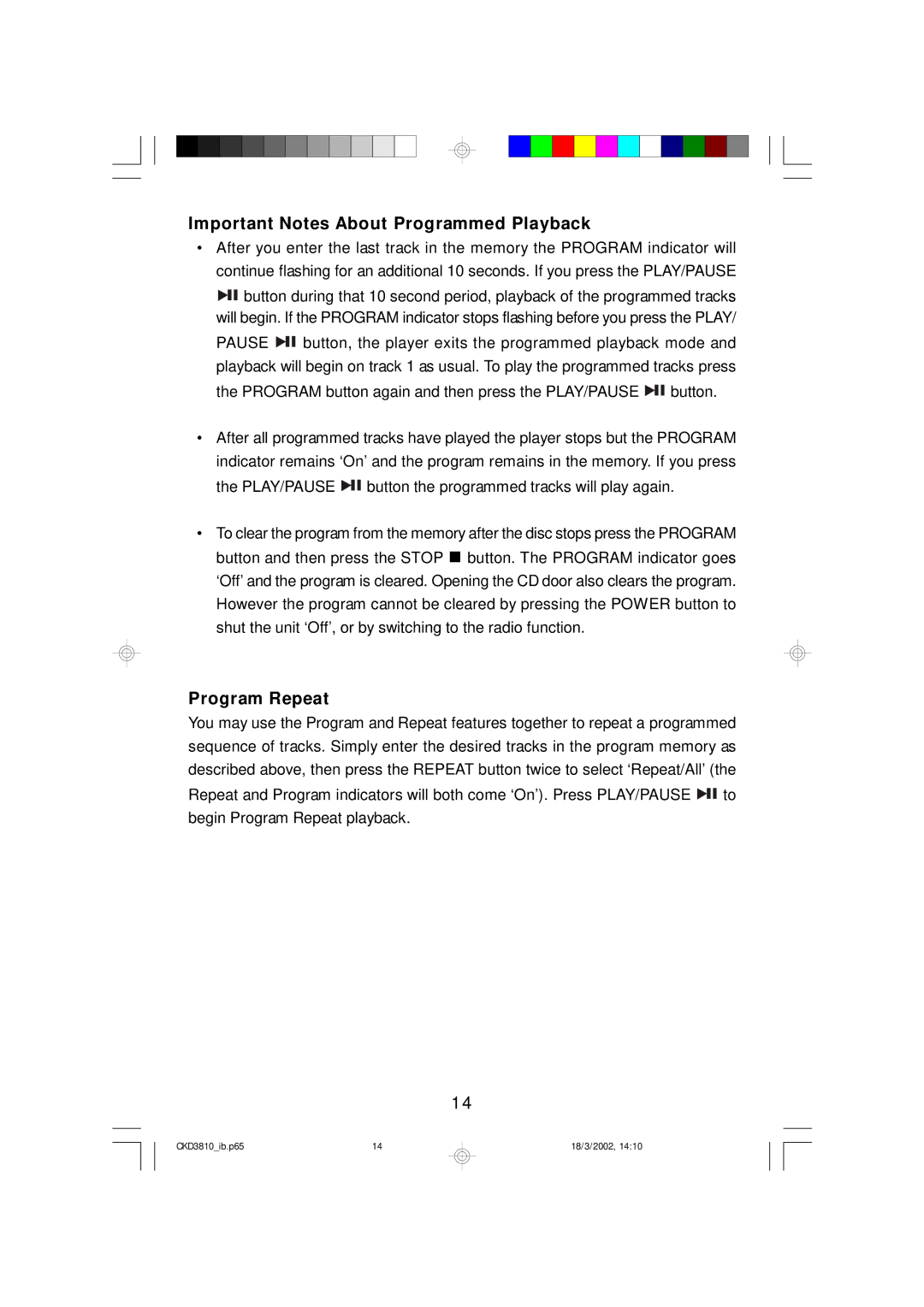 Emerson CKD3810 owner manual Important Notes About Programmed Playback, Program Repeat 