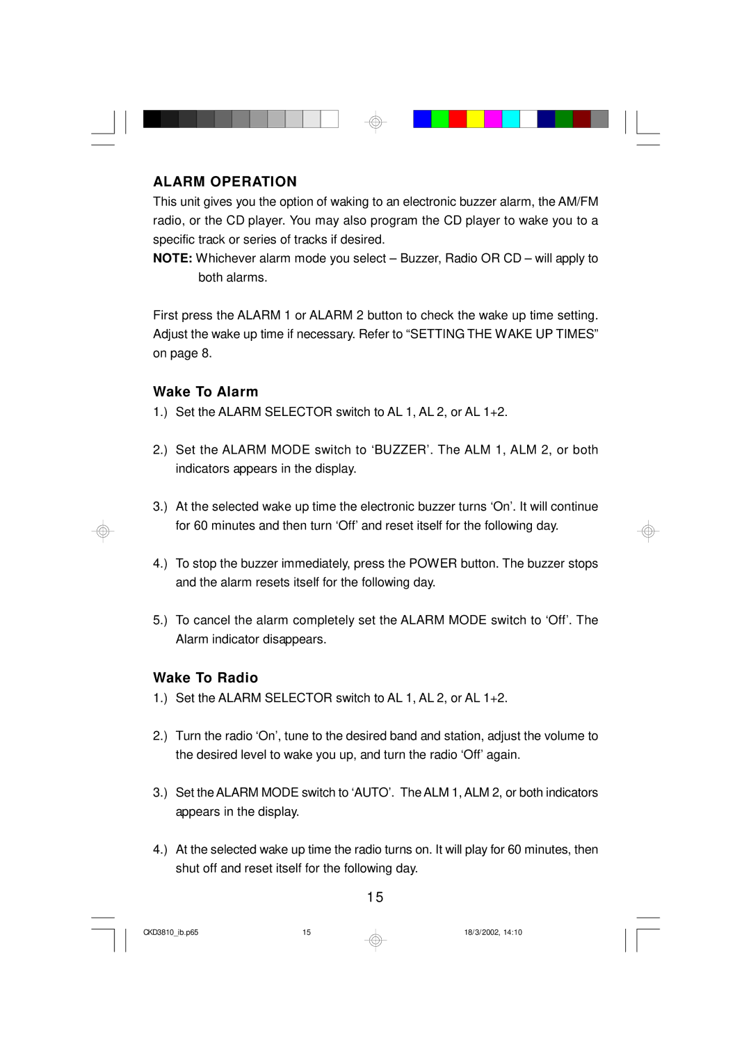 Emerson CKD3810 owner manual Alarm Operation, Wake To Alarm, Wake To Radio 