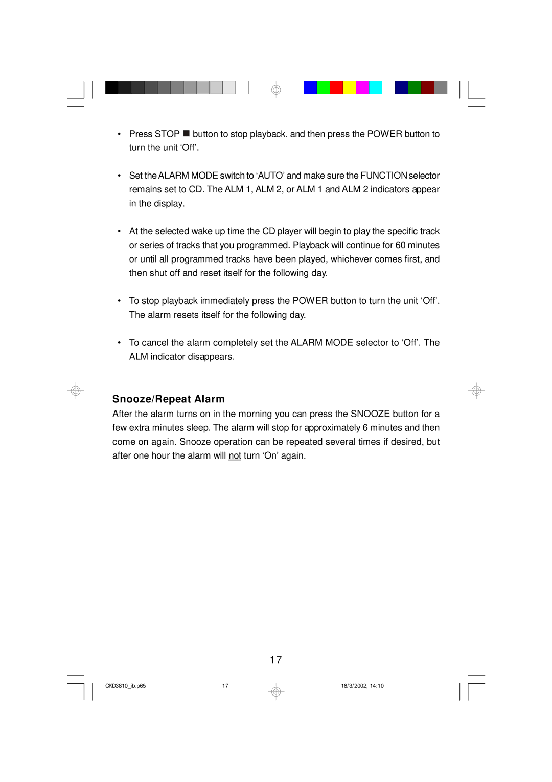 Emerson CKD3810 owner manual Snooze/Repeat Alarm 