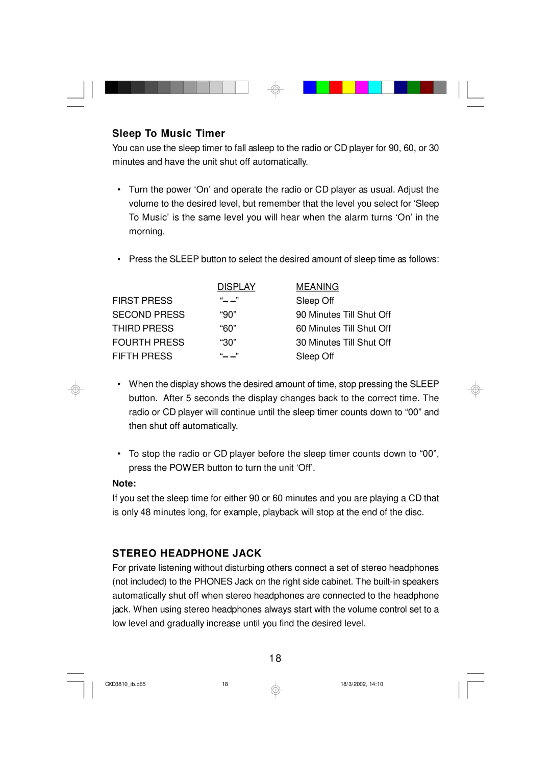 Emerson CKD3810 owner manual Sleep To Music Timer, Stereo Headphone Jack 
