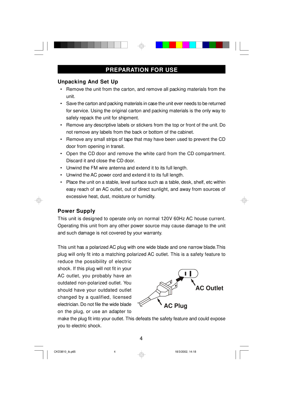 Emerson CKD3810 owner manual Preparation for USE, Unpacking And Set Up, Power Supply 