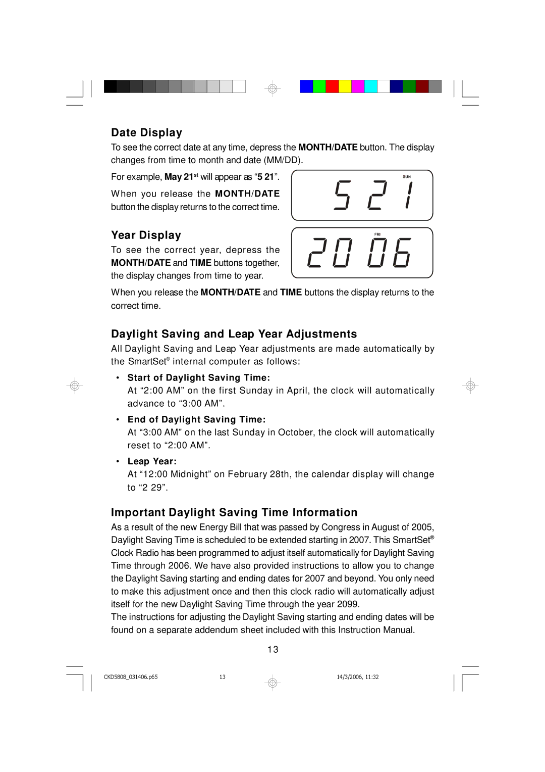 Emerson CKD5808 owner manual Date Display, Year Display, Daylight Saving and Leap Year Adjustments 