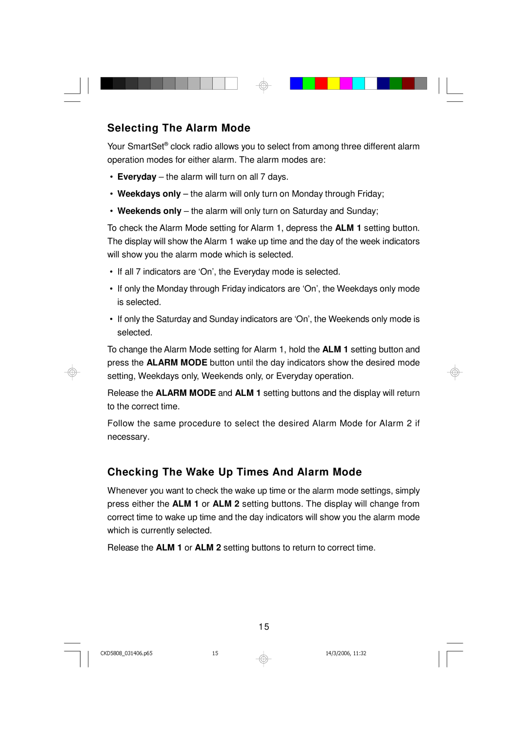 Emerson CKD5808 owner manual Selecting The Alarm Mode, Checking The Wake Up Times And Alarm Mode 