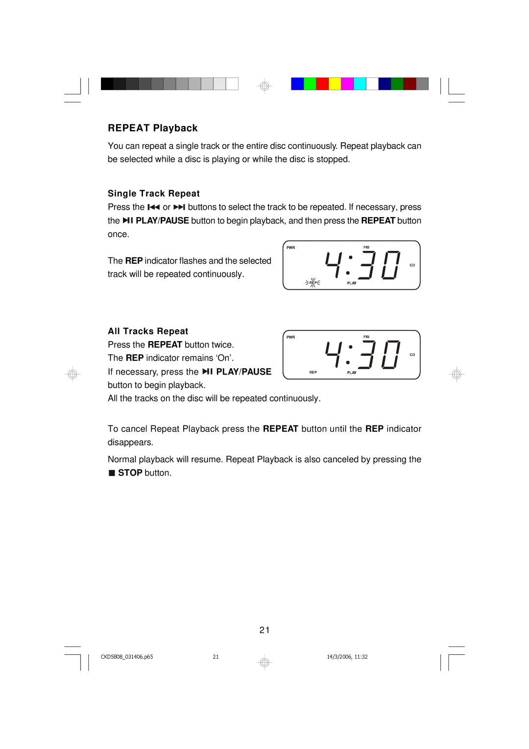 Emerson CKD5808 owner manual Repeat Playback, Single Track Repeat 