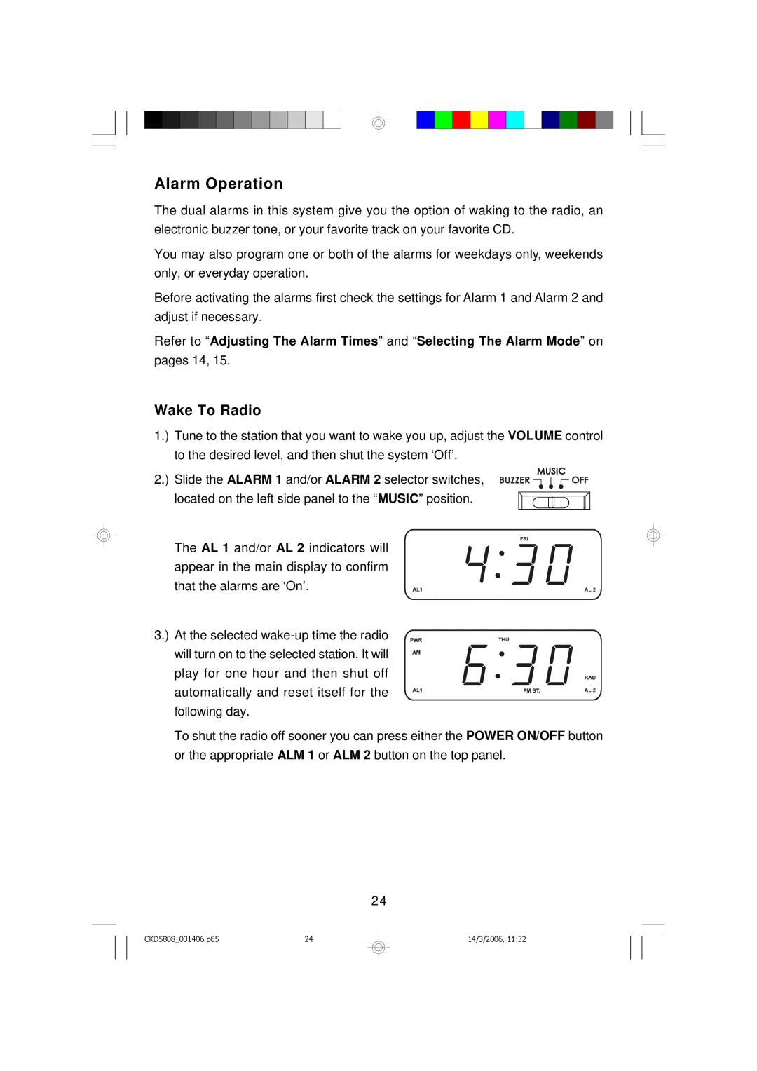 Emerson CKD5808 owner manual Alarm Operation, Wake To Radio 