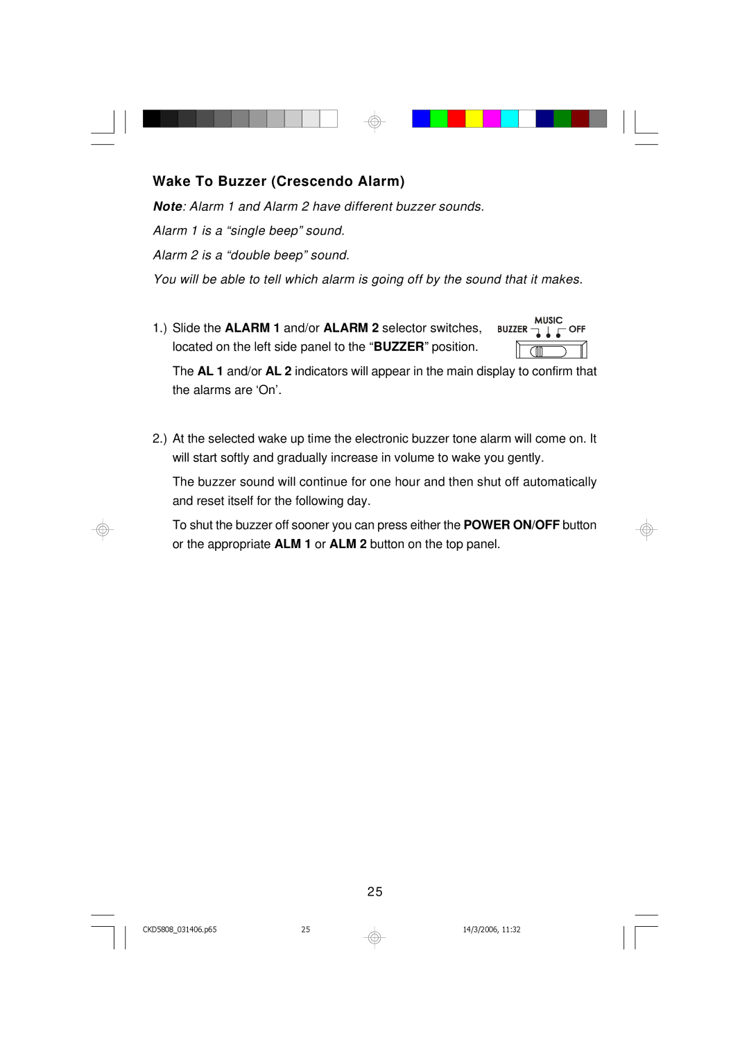 Emerson CKD5808 owner manual Wake To Buzzer Crescendo Alarm 