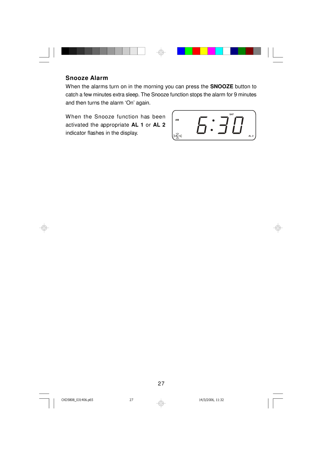 Emerson CKD5808 owner manual Snooze Alarm 