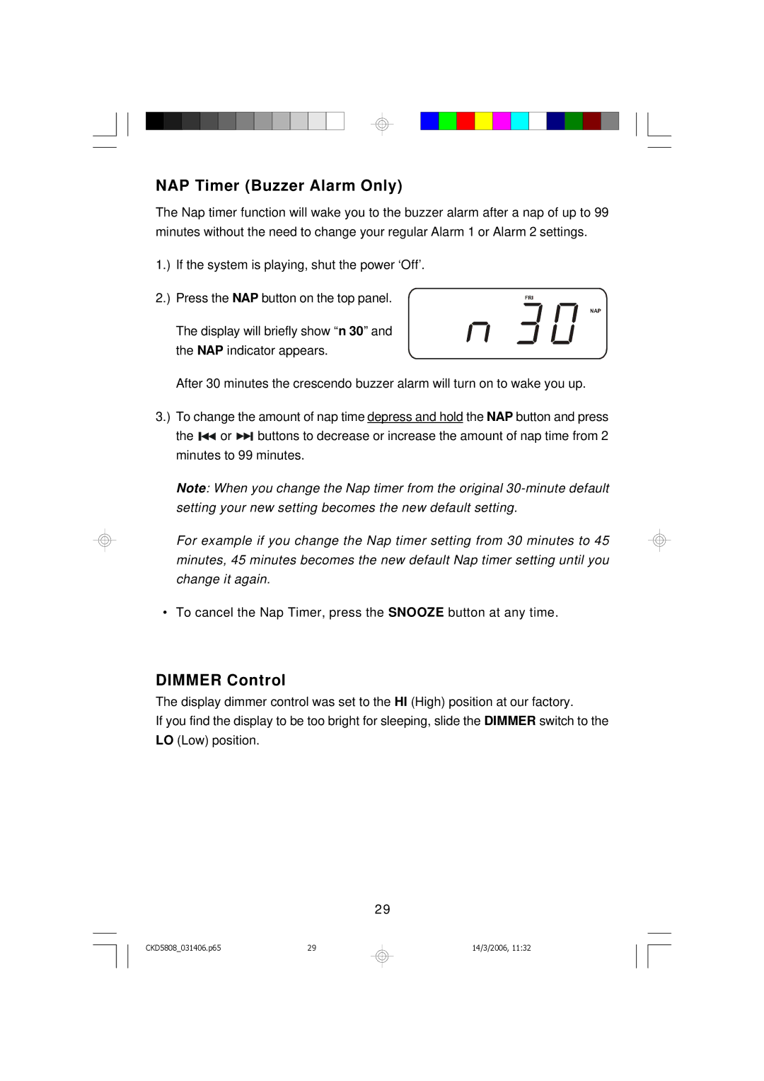 Emerson CKD5808 owner manual NAP Timer Buzzer Alarm Only, Dimmer Control 