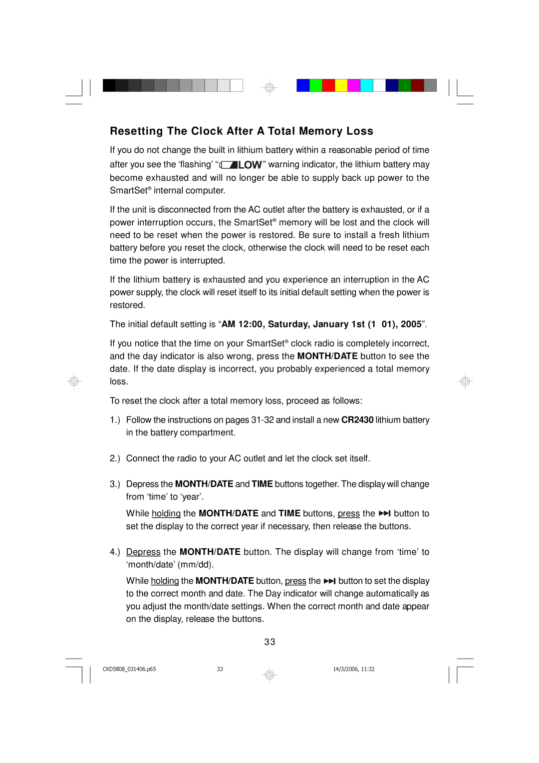 Emerson CKD5808 owner manual Resetting The Clock After a Total Memory Loss 