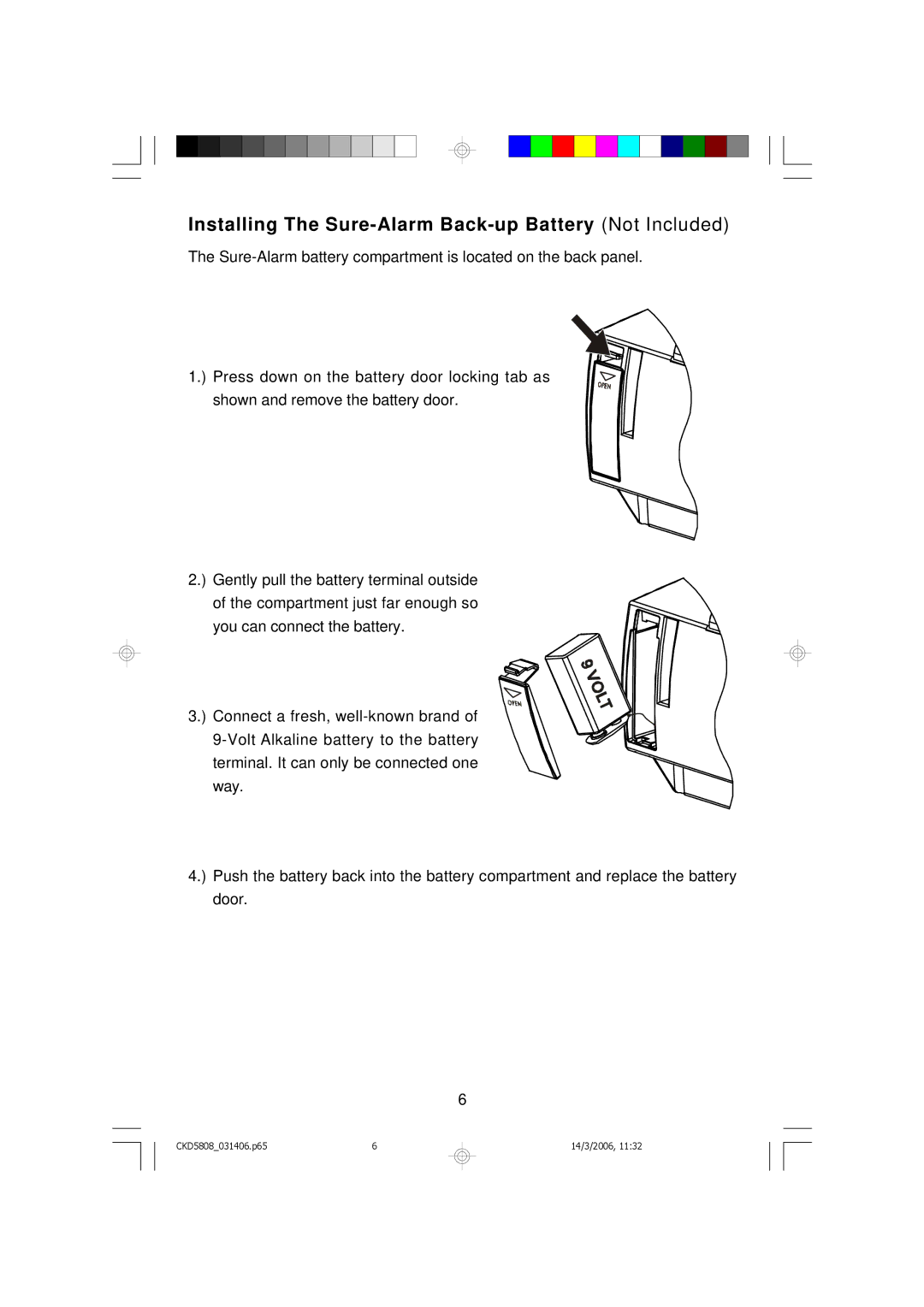 Emerson CKD5808 owner manual Installing The Sure-Alarm Back-up Battery Not Included 