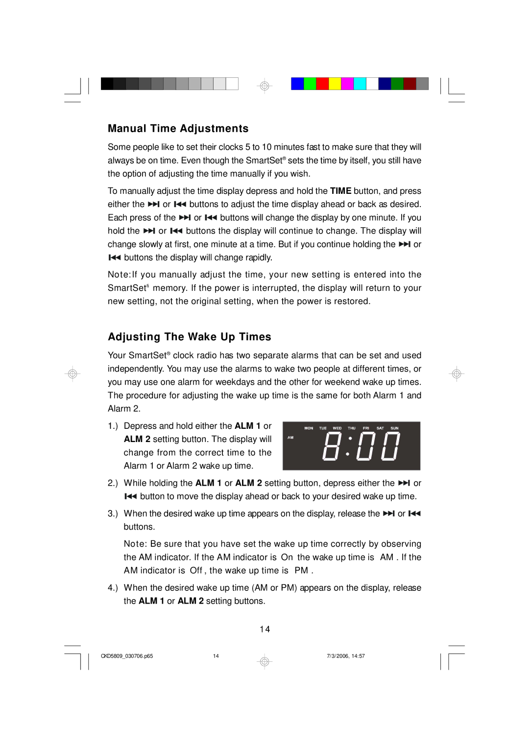 Emerson CKD5809 owner manual Manual Time Adjustments, Adjusting The Wake Up Times 