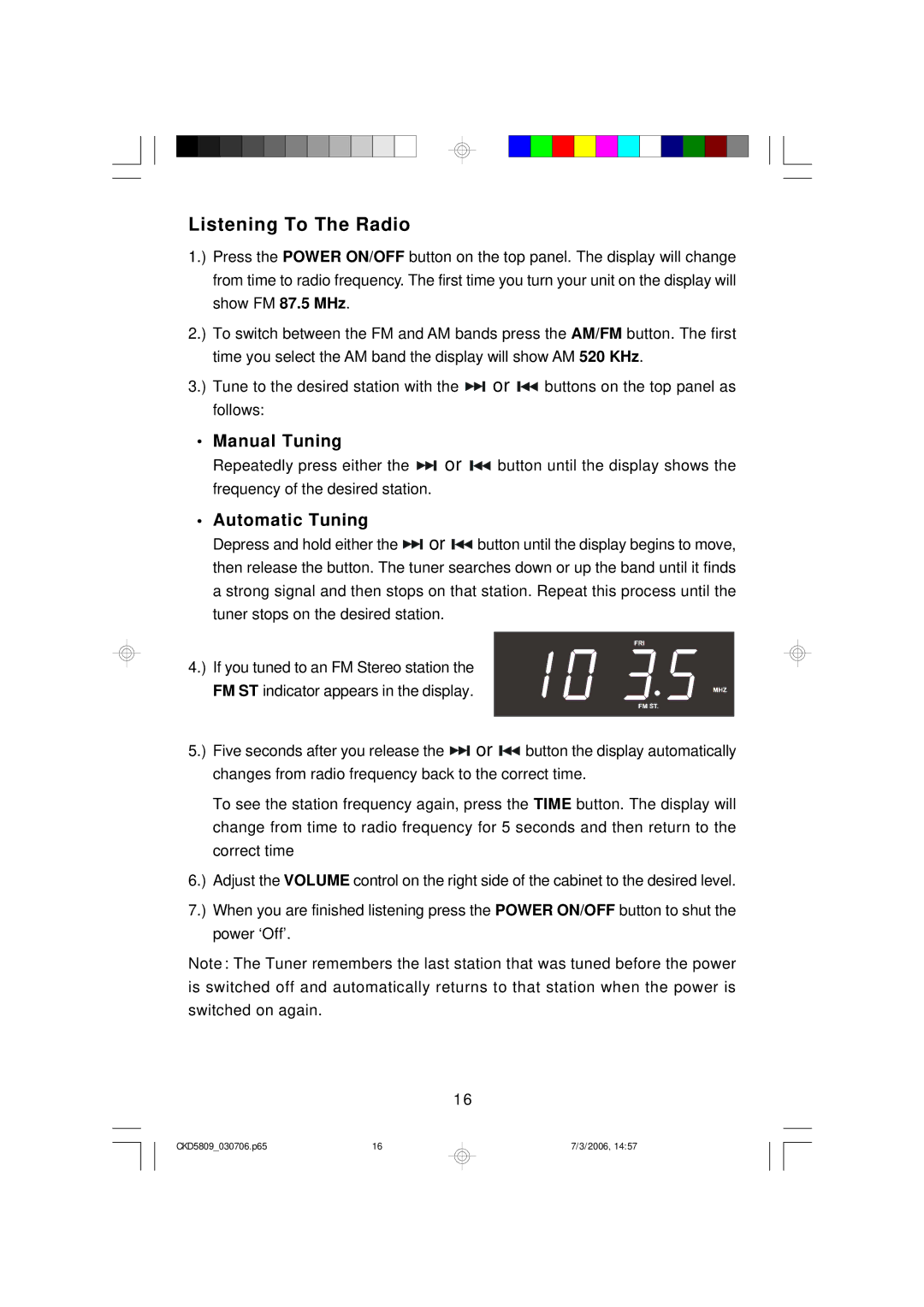 Emerson CKD5809 owner manual Listening To The Radio, Manual Tuning, Automatic Tuning 