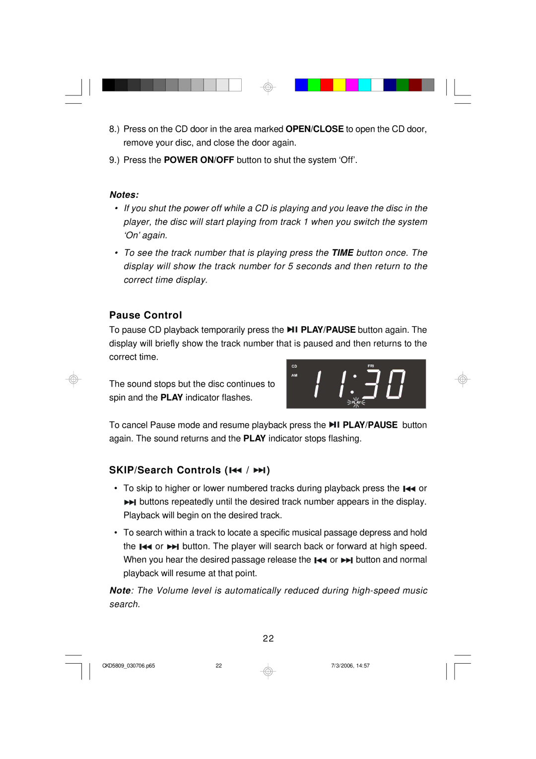 Emerson CKD5809 owner manual Pause Control, SKIP/Search Controls 