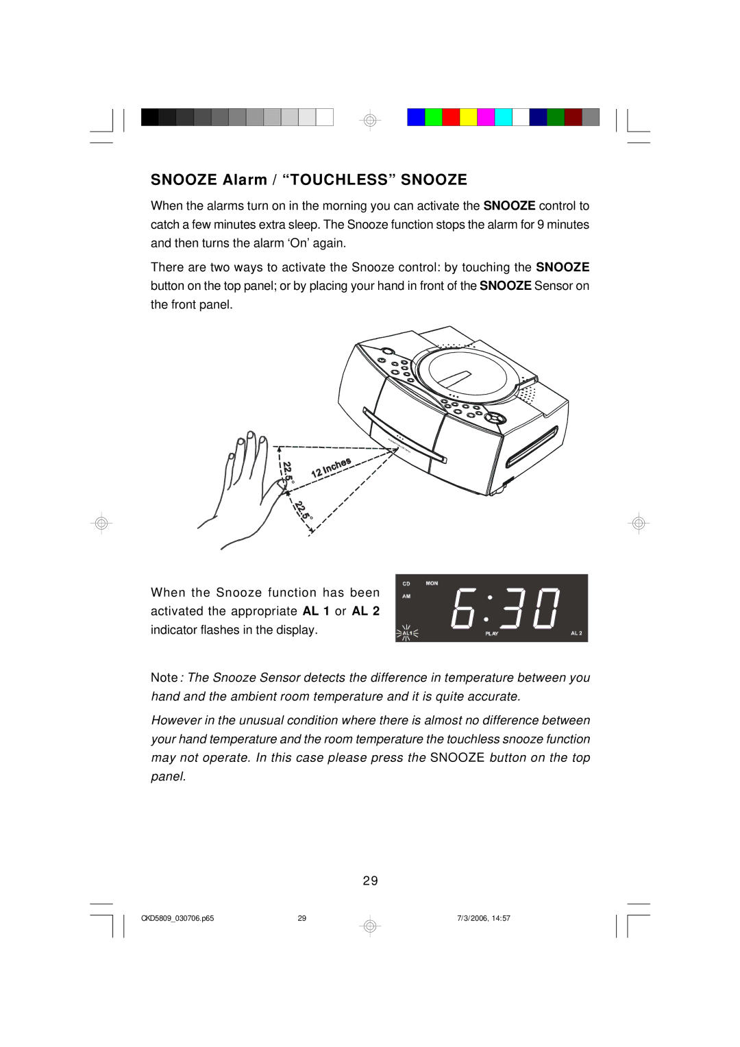 Emerson CKD5809 owner manual Snooze Alarm / Touchless Snooze 