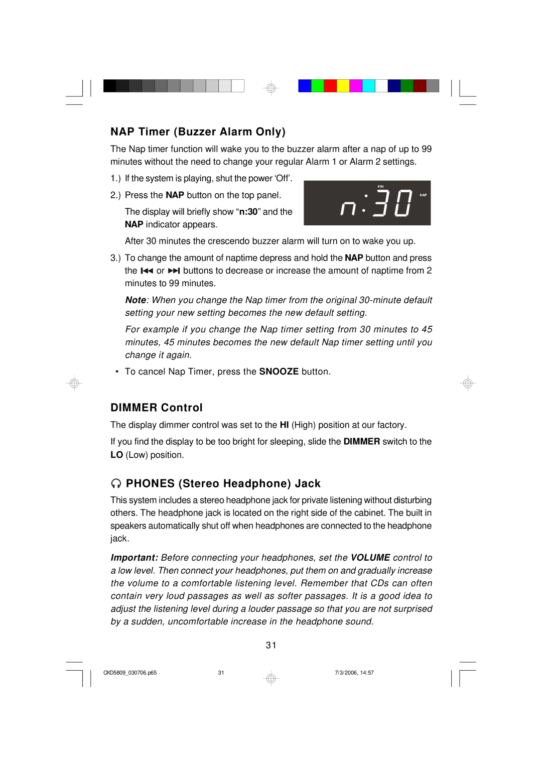 Emerson CKD5809 owner manual NAP Timer Buzzer Alarm Only, Dimmer Control, Phones Stereo Headphone Jack 