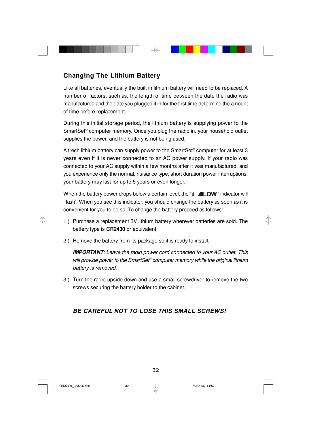 Emerson CKD5809 owner manual Changing The Lithium Battery, Be Careful not to Lose this Small Screws 