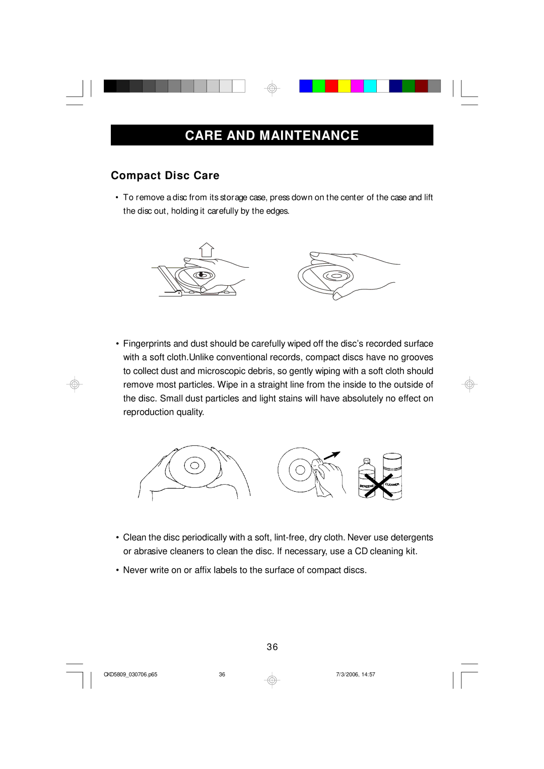 Emerson CKD5809 owner manual Care and Maintenance, Compact Disc Care 