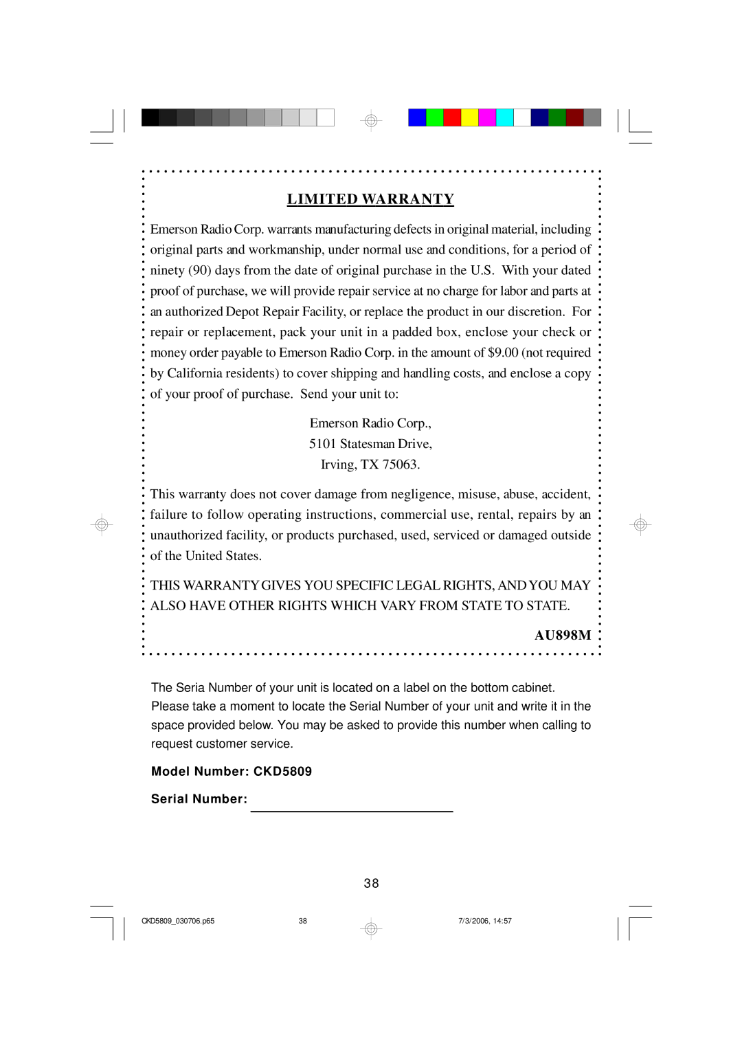 Emerson CKD5809 owner manual Limited Warranty 