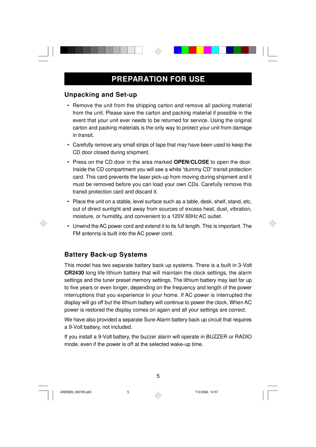 Emerson CKD5809 owner manual Unpacking and Set-up, Battery Back-up Systems 