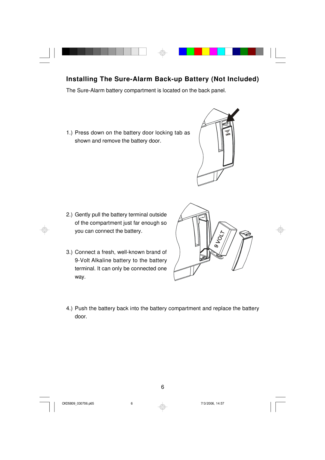 Emerson CKD5809 owner manual Installing The Sure-Alarm Back-up Battery Not Included 