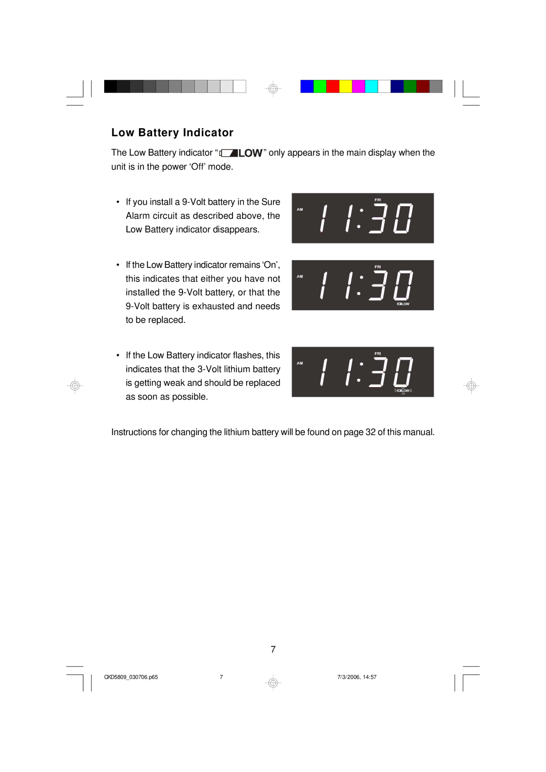 Emerson CKD5809 owner manual Low Battery Indicator 